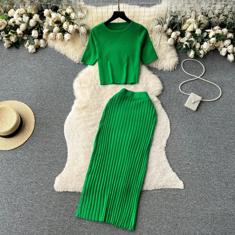 Fashion Hot Girl Suit Women's Summer Korean-style Round Neck Knitted Short-sleeved Short Top High Waist Hip Skirt Two-piece Suit