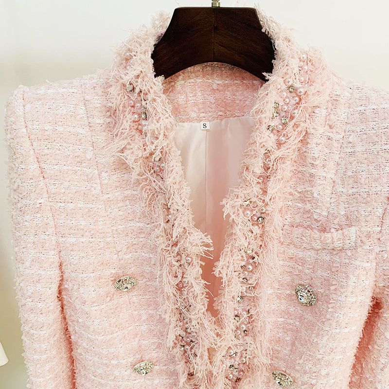 Autumn And Winter New Tweed Diamond Buckle Fringe Heavy Industry Beaded Jacket