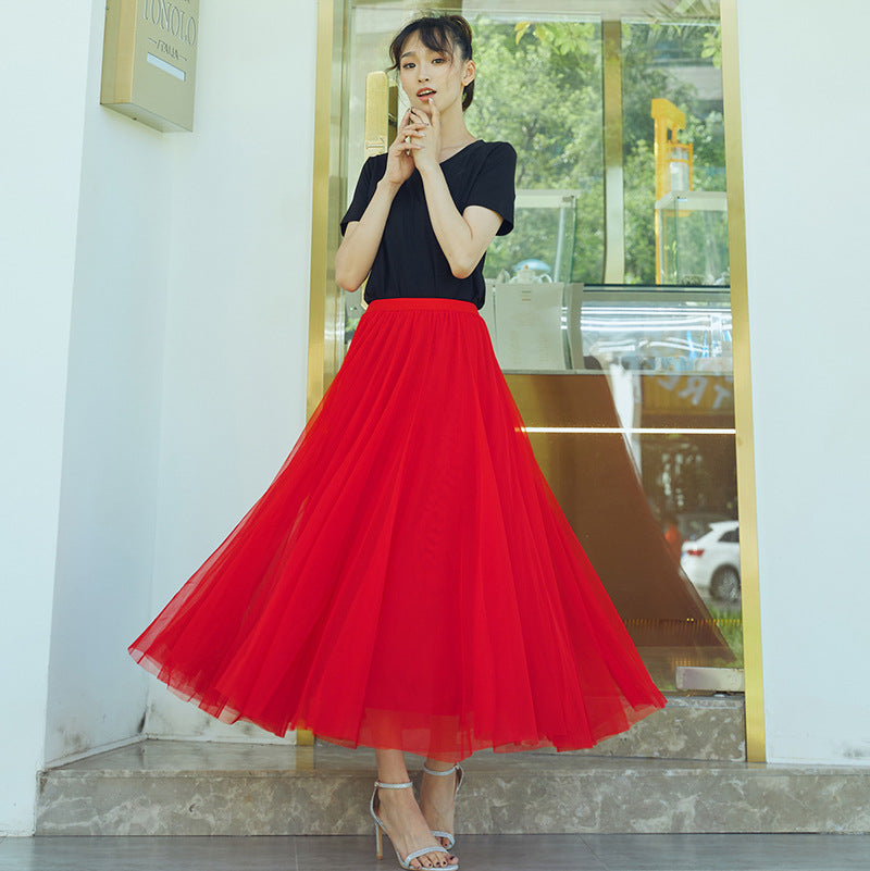 720-degree Square Dance Red Mesh Half-length Skirt, Large Swing Skirt, Thin A-line Skirt, Covering The Crotch, Thin Purple Gauze Skirt