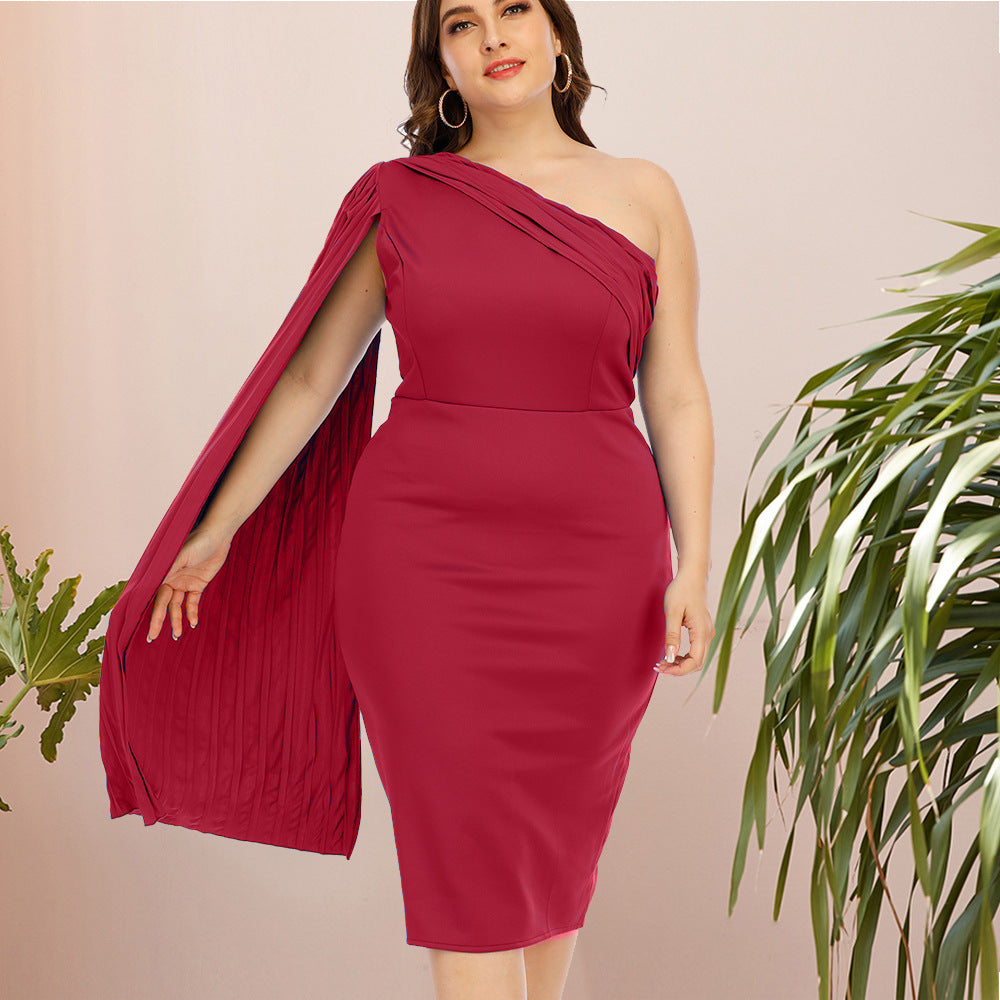 Sexy One-shoulder Pleated Bat Sleeve High Waist Large Size Slim Evening Dress Dress Female Dress