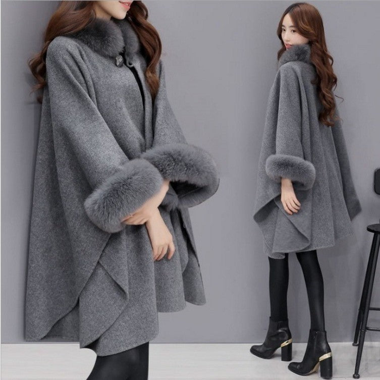 Winter New Korean Version Fox Fur Collar Mid-length Woolen Coat Temperament Cape Shawl Coat Women