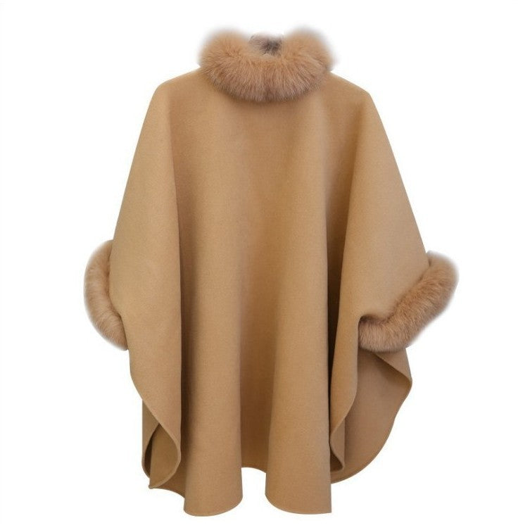 Winter New Korean Version Fox Fur Collar Mid-length Woolen Coat Temperament Cape Shawl Coat Women