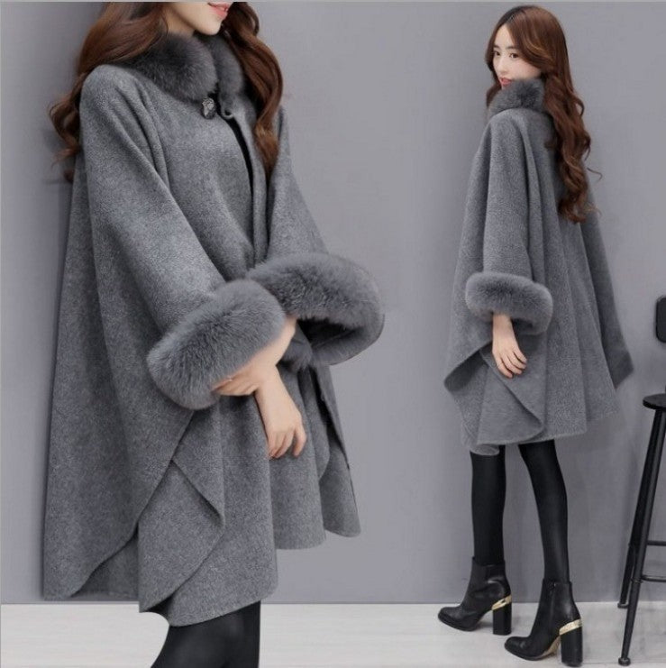 Winter New Korean Version Fox Fur Collar Mid-length Woolen Coat Temperament Cape Shawl Coat Women