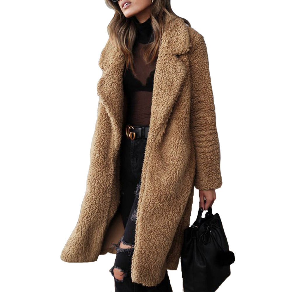 2022 Autumn And Winter Wish Hot Sale In Europe And The United States Cross-border Foreign Trade Popular Long-sleeved Lapel Women&#039;s Plush Top Long Coat