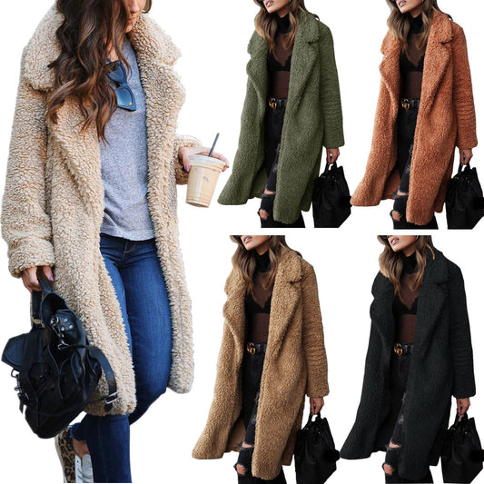 2022 Autumn And Winter Wish Hot Sale In Europe And The United States Cross-border Foreign Trade Popular Long-sleeved Lapel Women&#039;s Plush Top Long Coat