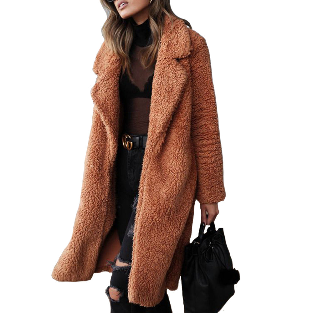 2022 Autumn And Winter Wish Hot Sale In Europe And The United States Cross-border Foreign Trade Popular Long-sleeved Lapel Women&#039;s Plush Top Long Coat