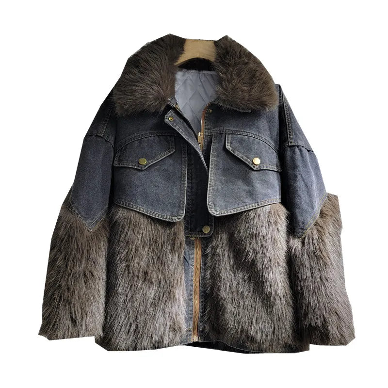 [EWQ] Winter Denim Spliced Faux Fur Jacket Women Outwears Long Sleeve Denim Patchwork Outwears Coat Autumn New Warm 16U5514