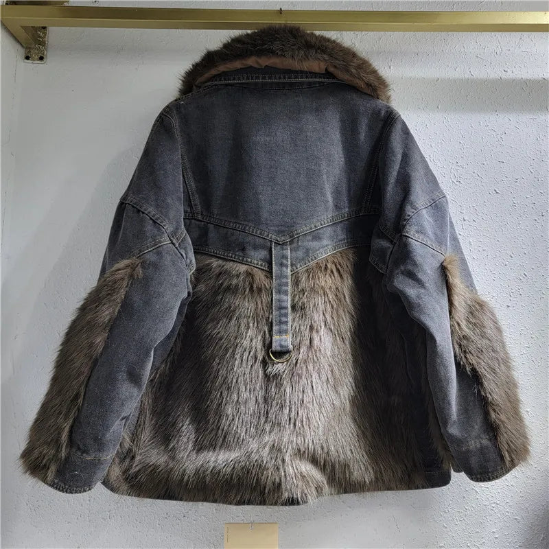 [EWQ] Winter Denim Spliced Faux Fur Jacket Women Outwears Long Sleeve Denim Patchwork Outwears Coat Autumn New Warm 16U5514