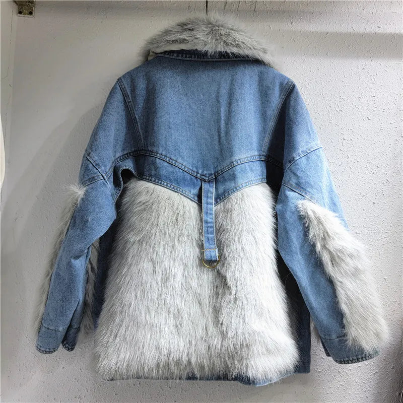 [EWQ] Winter Denim Spliced Faux Fur Jacket Women Outwears Long Sleeve Denim Patchwork Outwears Coat Autumn New Warm 16U5514