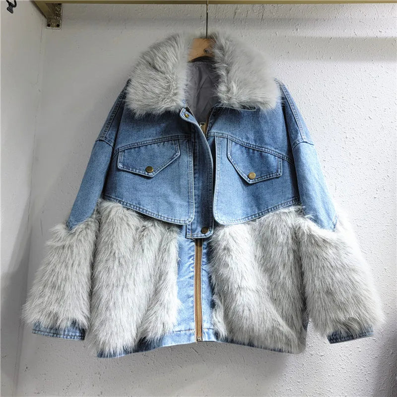 [EWQ] Winter Denim Spliced Faux Fur Jacket Women Outwears Long Sleeve Denim Patchwork Outwears Coat Autumn New Warm 16U5514