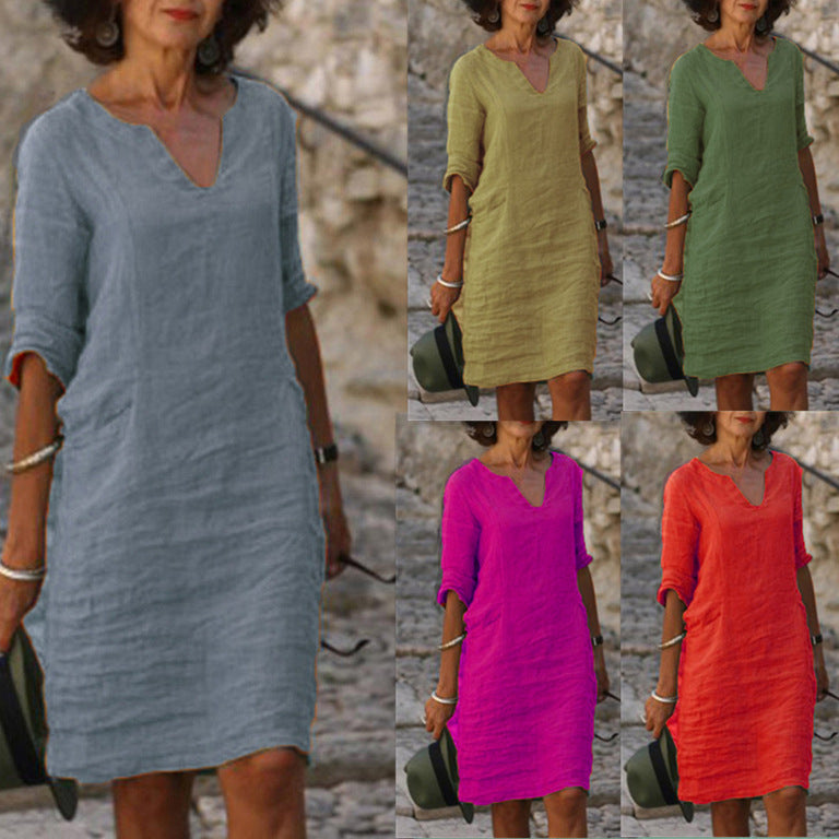 Amazon European And American Autumn Cotton And Linen Small V-neck Stitching Retro Solid Color 3/4 Sleeve Dress Women&#039;s Linen Cotton Fabric