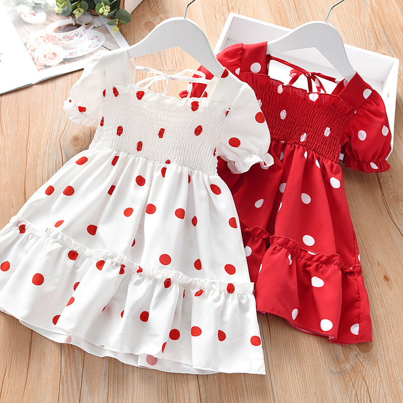 New Cute Baby Girl Summer Short-sleeved Skirt Little Girl Sweet Lace Polka Dot Chiffon Dress