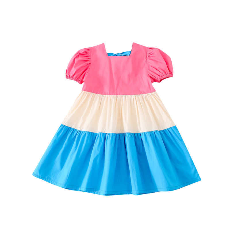 Summer New Products  Girls Lantern Puff Sleeve Dress Children&amp;amp;#039;s Color Matching Simple Princess Dress