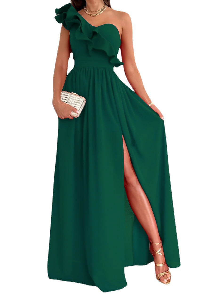 New Summer Sleeveless Shoulder Ruffled Hem Slit Dress