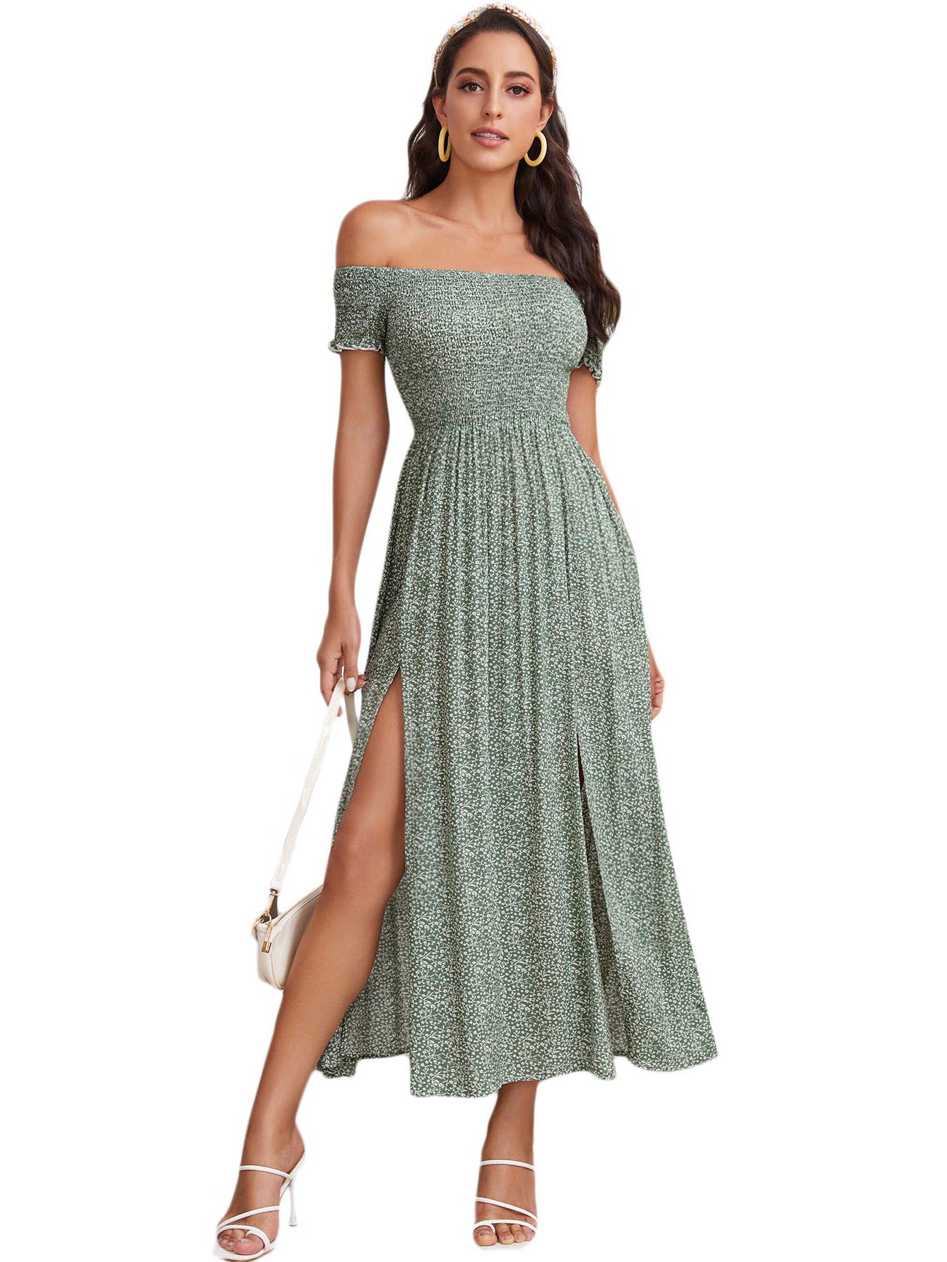 Bohemian Floral Print Off Shoulder Slit Long A-Line Dress