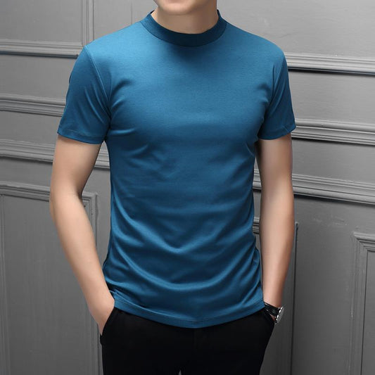 Spring And Summer Men&#039;s Double Mercerized Cotton Small Turtleneck Solid Color Slim Round Neck Short Sleeve T-shirt Half Turtleneck Bottoming Shirt