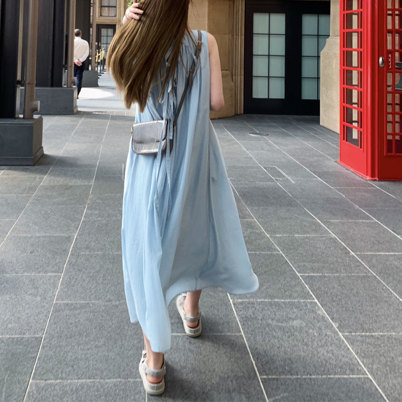 Pastoral Blue Clothes Acetate Dress New Summer Women&amp;amp;#039;s Clothing 2023 Sleeveless Camisole Skirt Skirt Wholesale