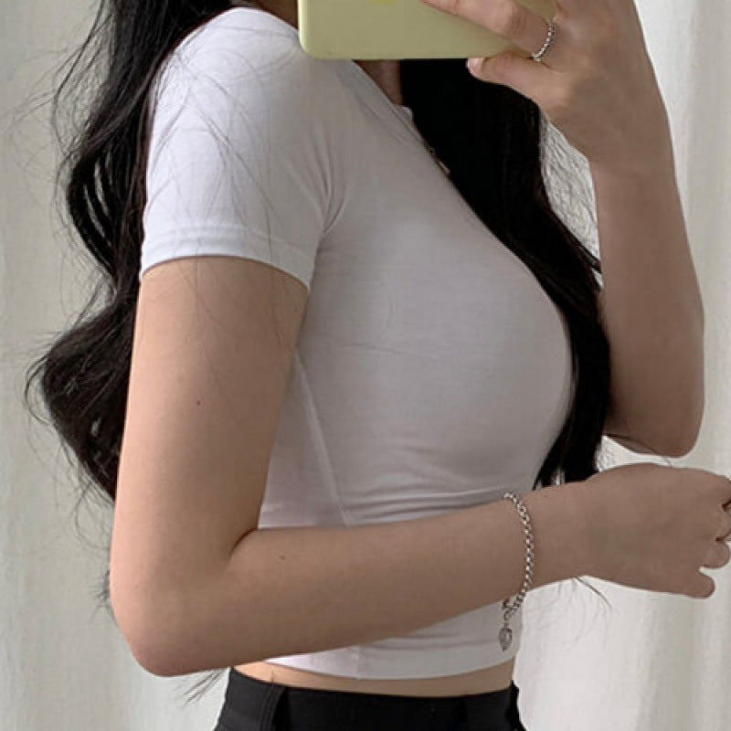 White Short-sleeved T-shirt Women&#039;s Summer 2024 New High Waist Solid Color Slim-fit Navel-exposed Short T-shirt Tight Top