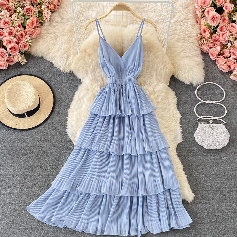 Sling Pleated Dress Women&#039;s 2021 Summer New Loose Cover Belly Thin Cake Skirt French V-neck Long Skirt