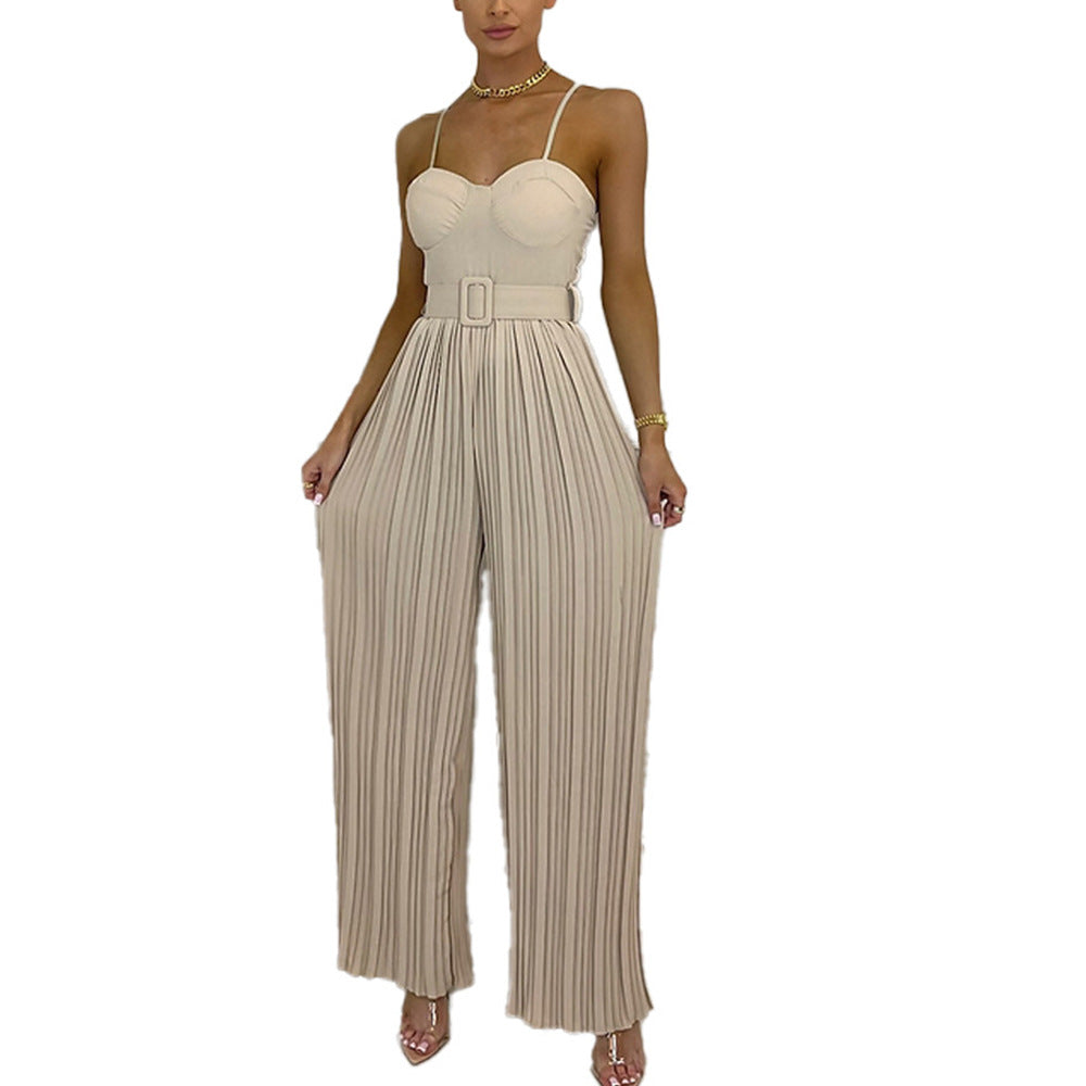 Amazon Summer Hot Women&amp;#039;s Clothing Cross-border Europe And The United States Hot Selling Women&amp;#039;s Solid Color Pleated Tube Top Slim Fit Wide-leg Jumpsuit