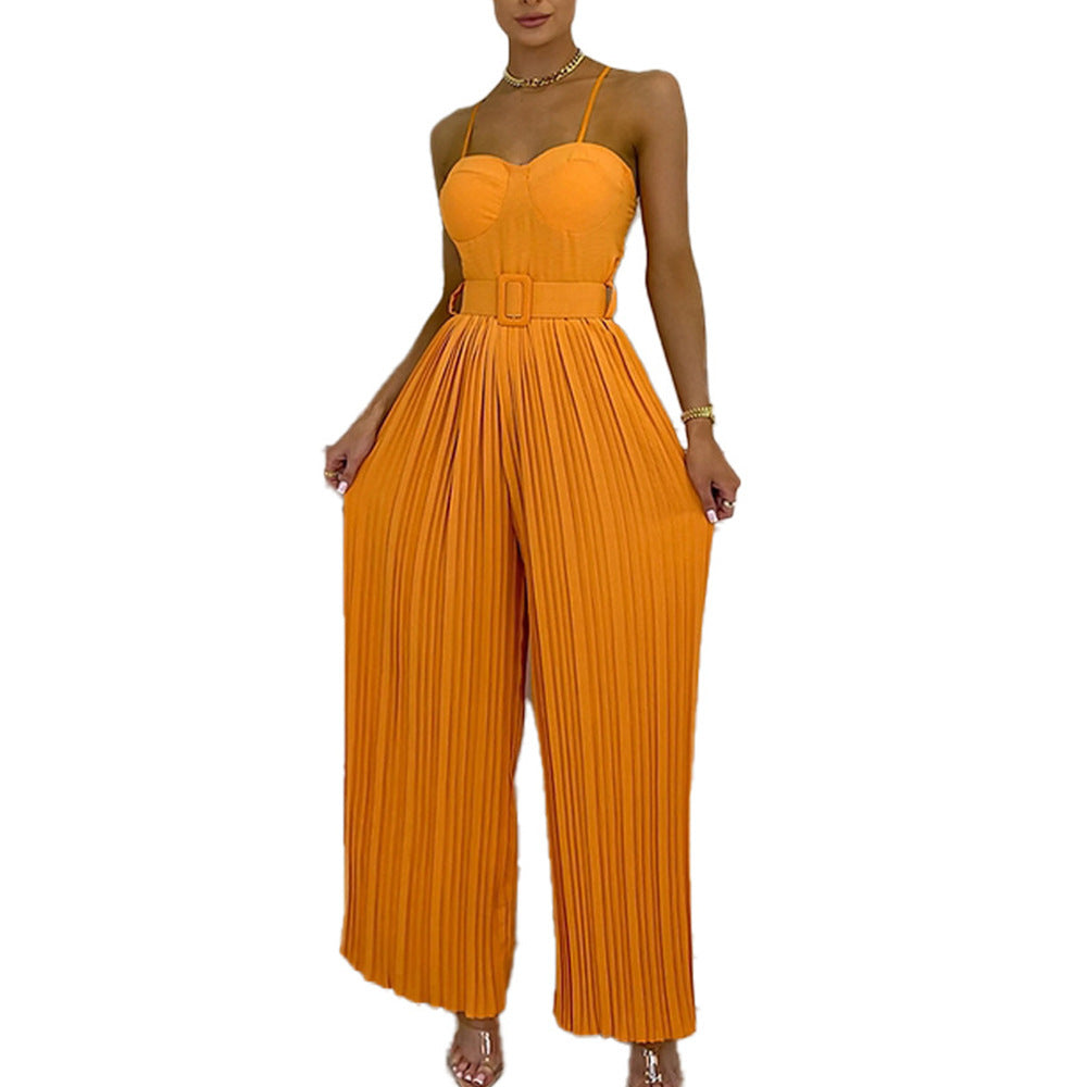 Amazon Summer Hot Women&amp;#039;s Clothing Cross-border Europe And The United States Hot Selling Women&amp;#039;s Solid Color Pleated Tube Top Slim Fit Wide-leg Jumpsuit