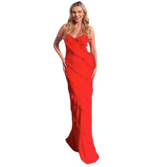 Dropped Shoulders Wave Slim Side Slit Dress Long Skirt