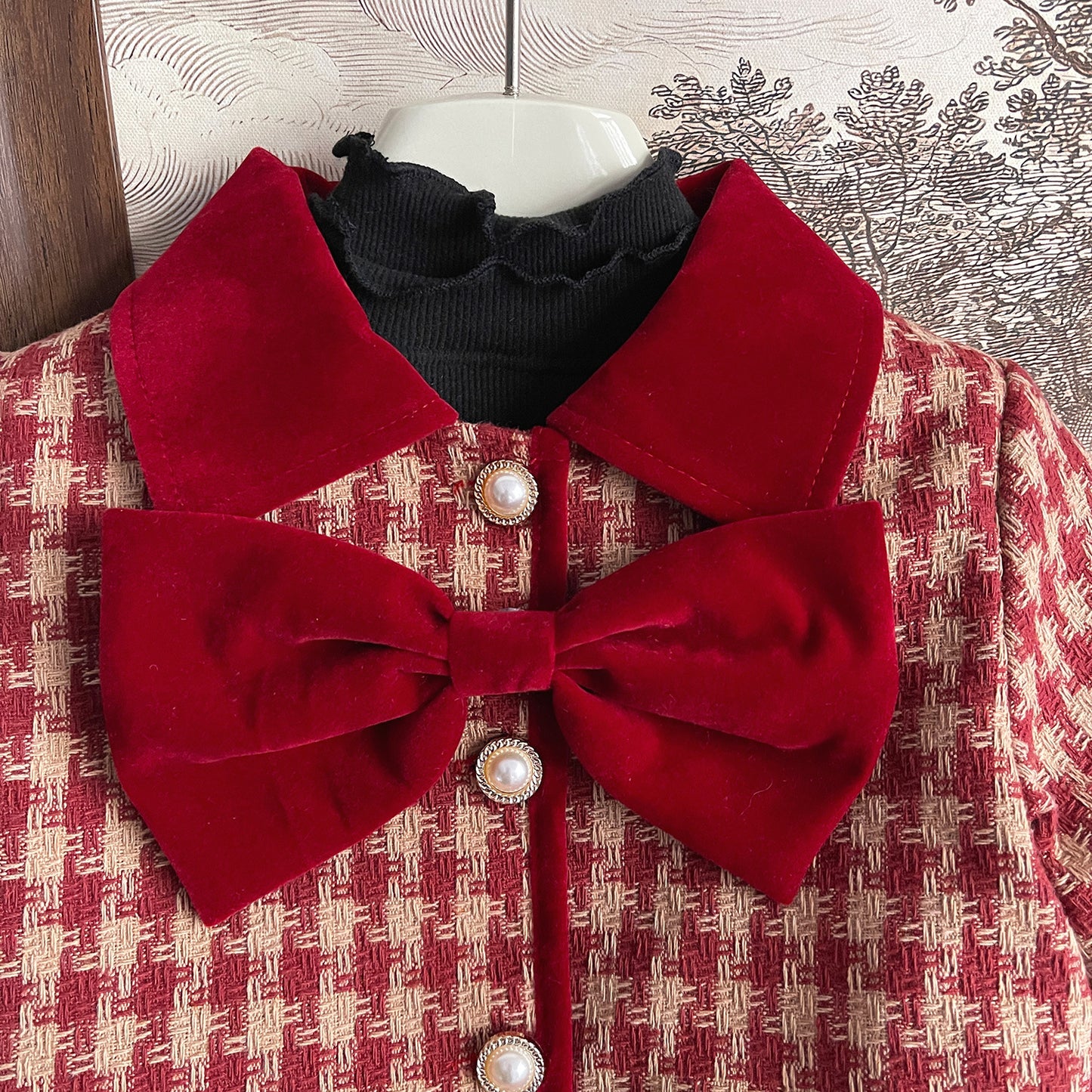 2023 Winter New Korean Style Girls Small Fragrance Style Red Plaid Bow Set Baby Cotton Two-piece Set 68185