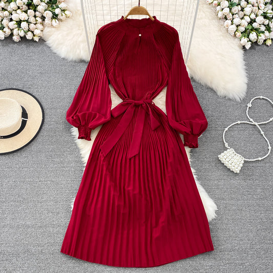 2022 Autumn Korean Version Of The Light Familiar Style Stand-up Collar Long-sleeved Waist Slim Pleated Dress Elegant Long Skirt