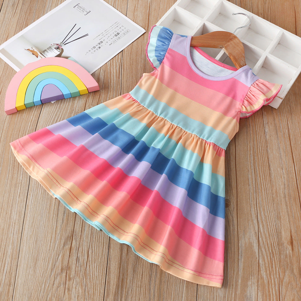 2023 Summer New Children Rainbow Stripes Flying Sleeve Dress