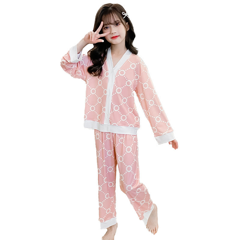 Girls Cardigan Long-sleeved Home Clothes Suit 2023 New Spring And Autumn Pajamas Girls Sweet Two-piece Set Wholesale