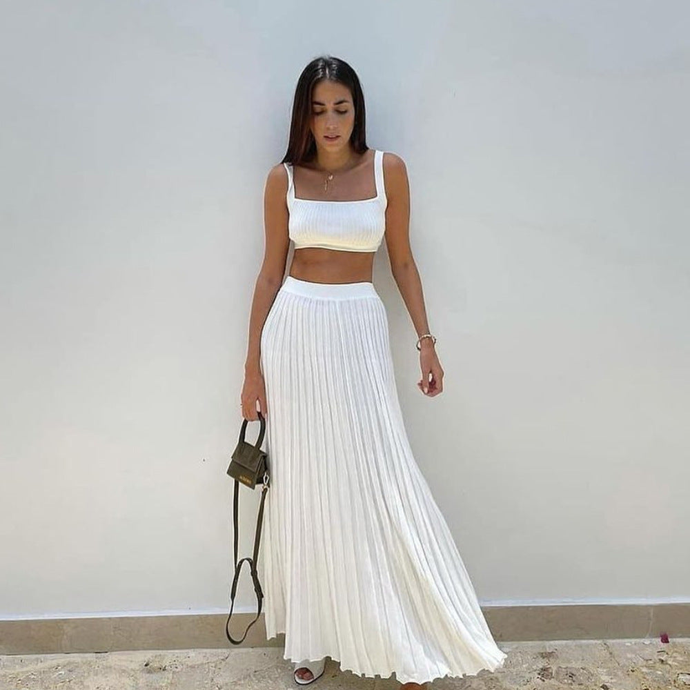 Summer Knitted Camisole + Skirt Cross-border Women&#039;s Elegant Sleeveless Short Top Pleated Skirt Set