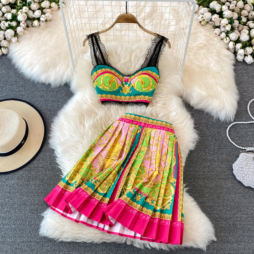 Seaside Vacation Fashion Suit Female Summer Ladies Temperament Strap Tube Top Top Two-piece High Waist Pleated Skirt