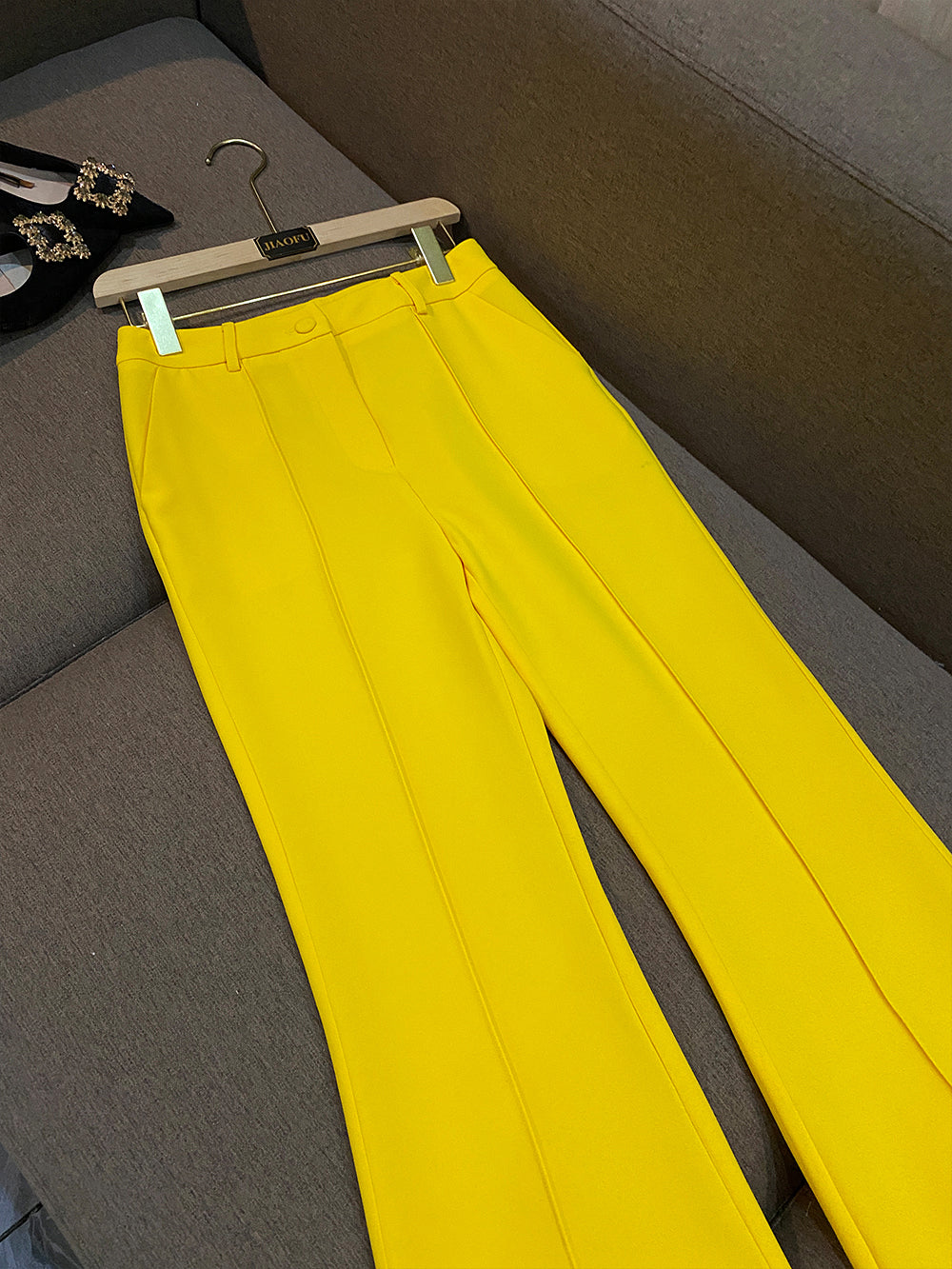 New Lemon Yellow Business Wear Fashion Mid-length Suit Flared Trousers Suit Two-piece