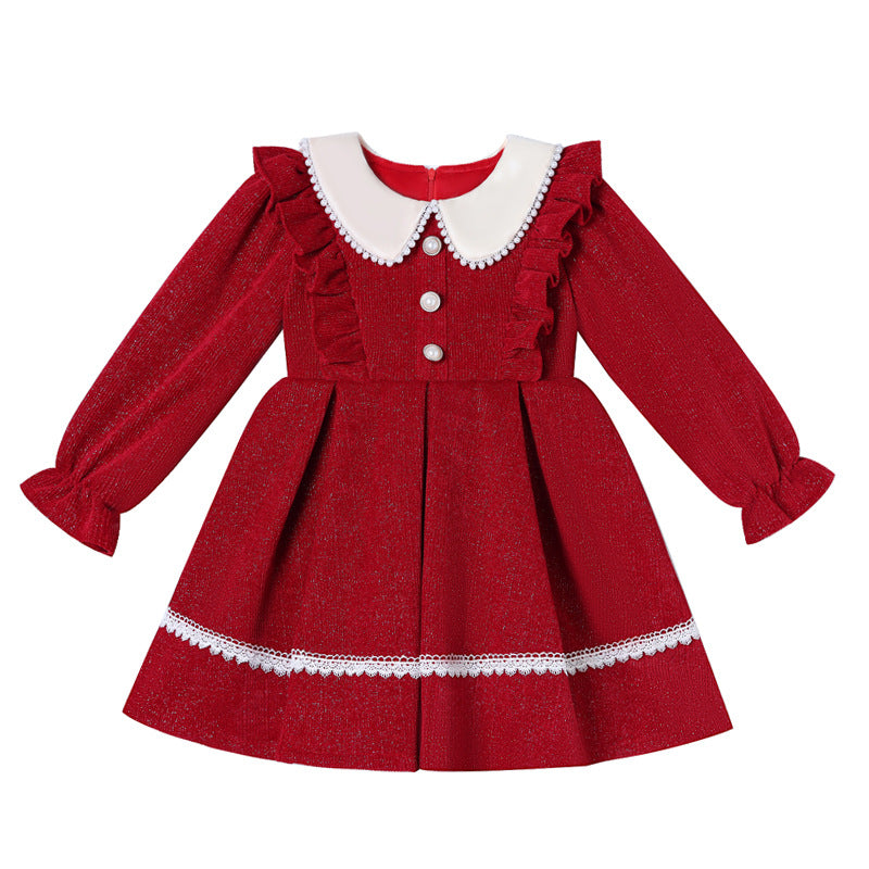 Fleece-lined Girl&#039;s Autumn And Winter Doll Collar Dress Festive New Year&#039;s Dress Fleece-lined Dress Long Sleeve Short Princess Dress Children&#039;s Dress