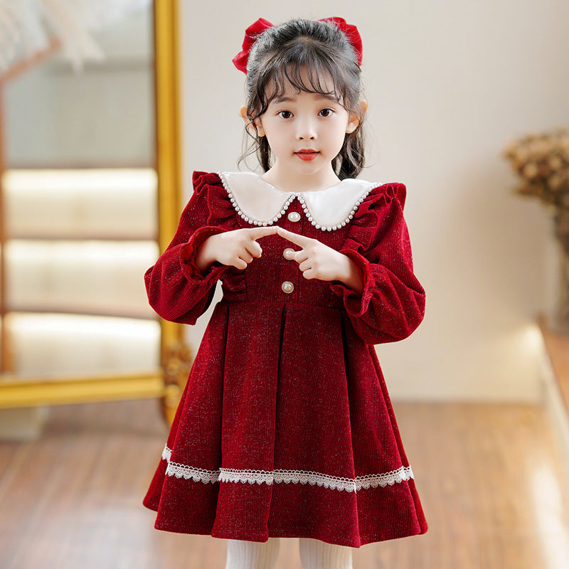 Fleece-lined Girl&#039;s Autumn And Winter Doll Collar Dress Festive New Year&#039;s Dress Fleece-lined Dress Long Sleeve Short Princess Dress Children&#039;s Dress