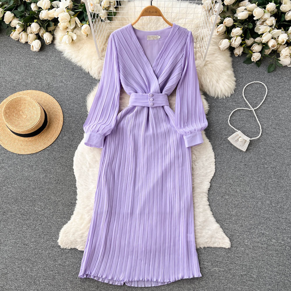 Autumn&#039;s New Light And Mature Temperament French Ladies Long-sleeved Waist Slim Dress Women&#039;s Waist Pleated V-neck Long Skirt