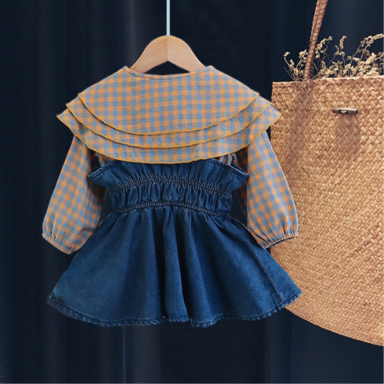 2023 Girls Double Collar Doll Shirt Smiling Face Suspender Skirt Two Piece Set YY66