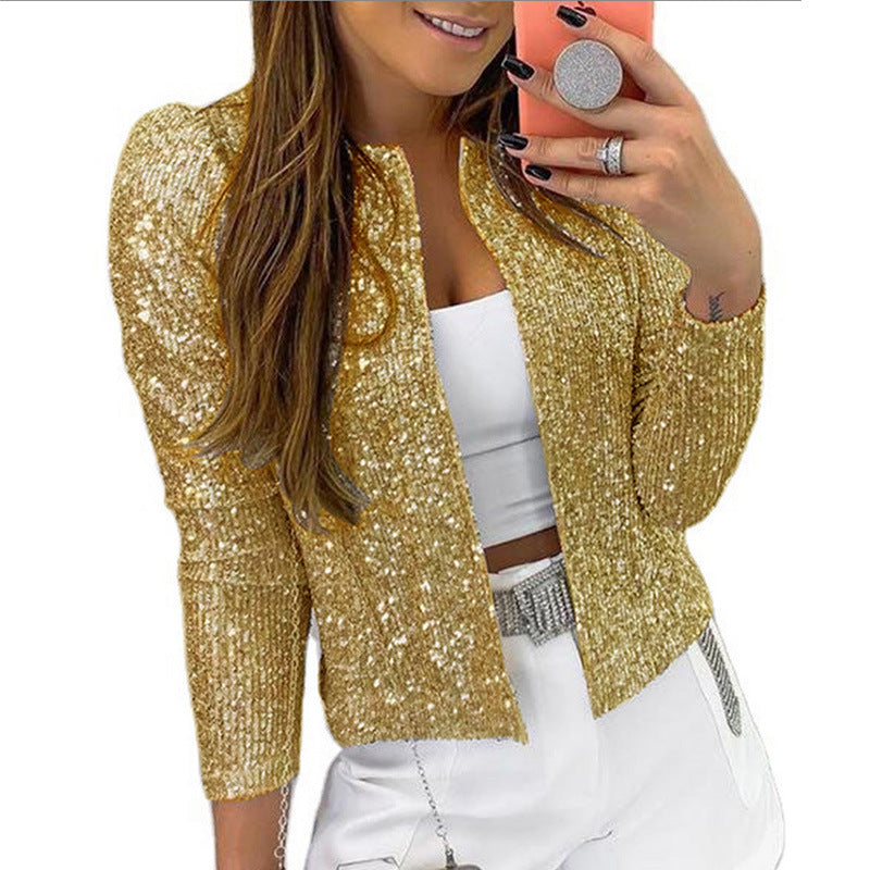 2023 Cross-border Spring New European And American Fashion Fashion Stand-up Collar Solid Color Sequin Coat Short Casual Versatile Small Coat