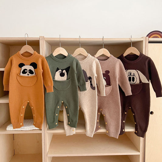 Korean Style Spring And Autumn Baby Knitted Romper Pullover Long Sleeve Cartoon Cute Romper Western Style Retro Jumpsuit