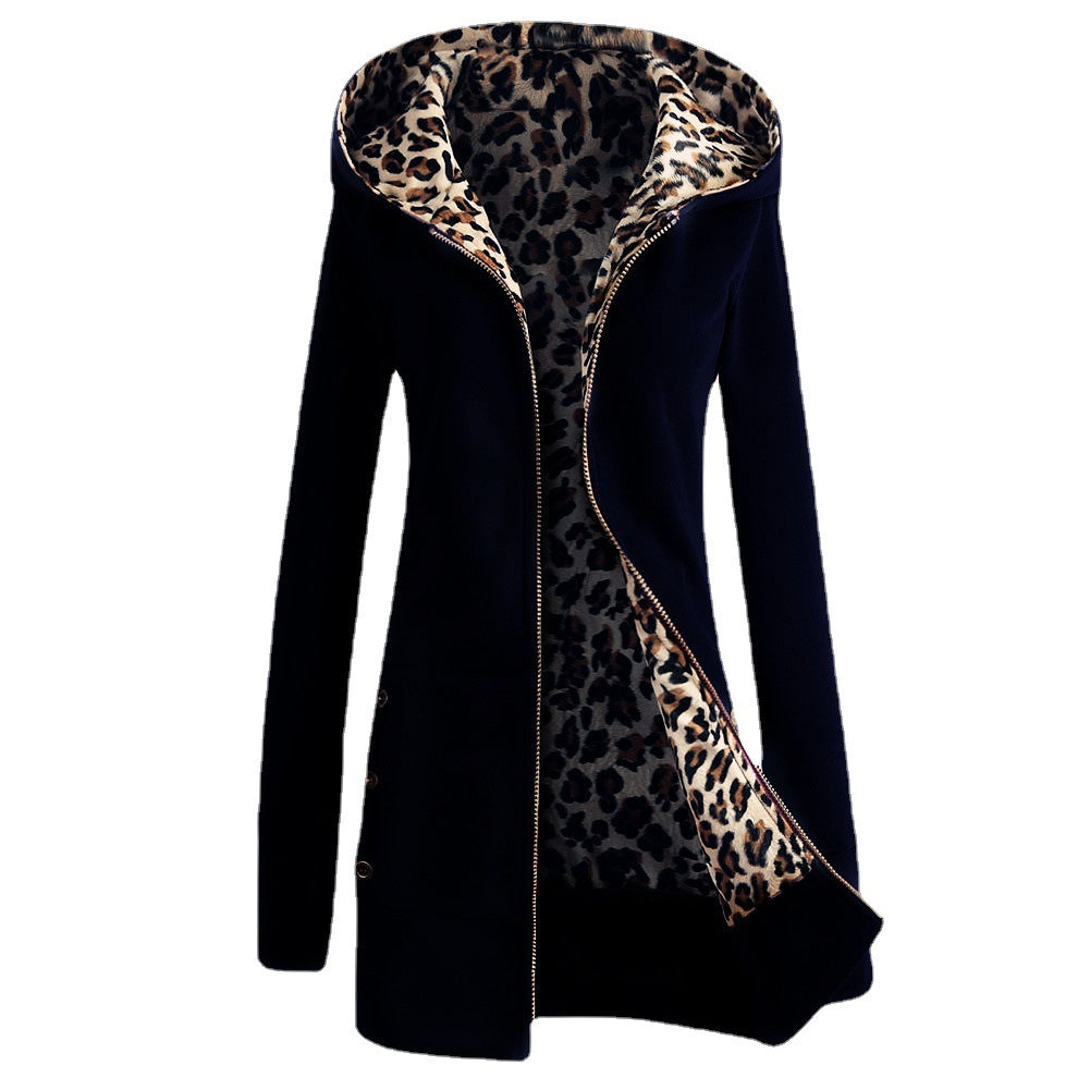 Hooded Leopard Sweater Women&#039;s European And American Fleece Large Size Women&#039;s Autumn And Winter Coat