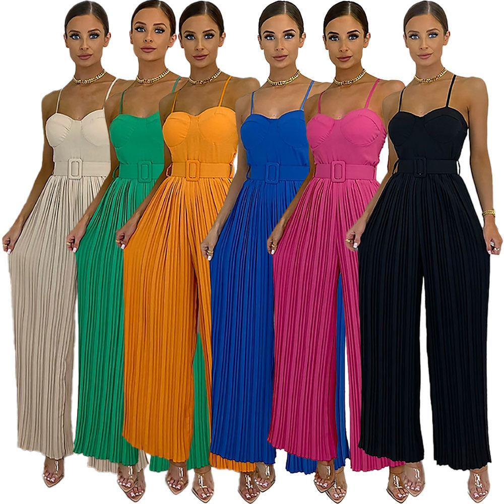 Amazon Summer Hot Women&amp;#039;s Clothing Cross-border Europe And The United States Hot Selling Women&amp;#039;s Solid Color Pleated Tube Top Slim Fit Wide-leg Jumpsuit