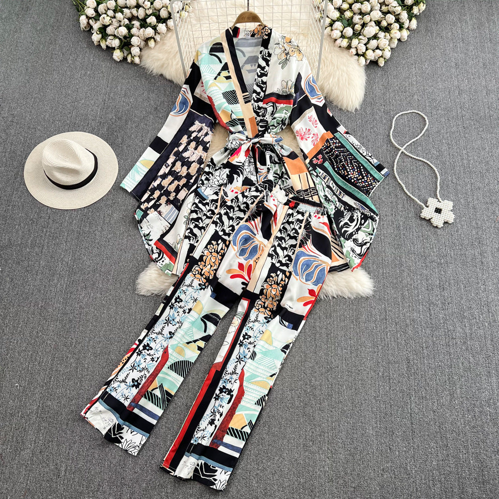 Fashion Suit Female European And American Ladies Temperament Loose Mid-length Waist Printed Shirt Two-piece High Wide-leg Pants