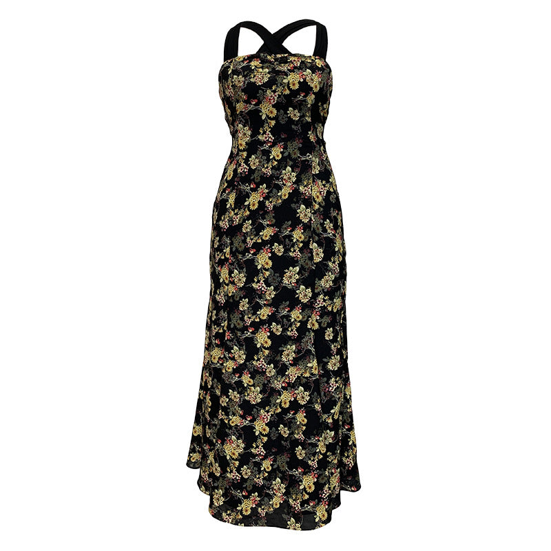 Retro Skirt French Summer Self-cultivation Slim Temperament Open Back Strap Long Skirt Floral Suspender Dress 4956