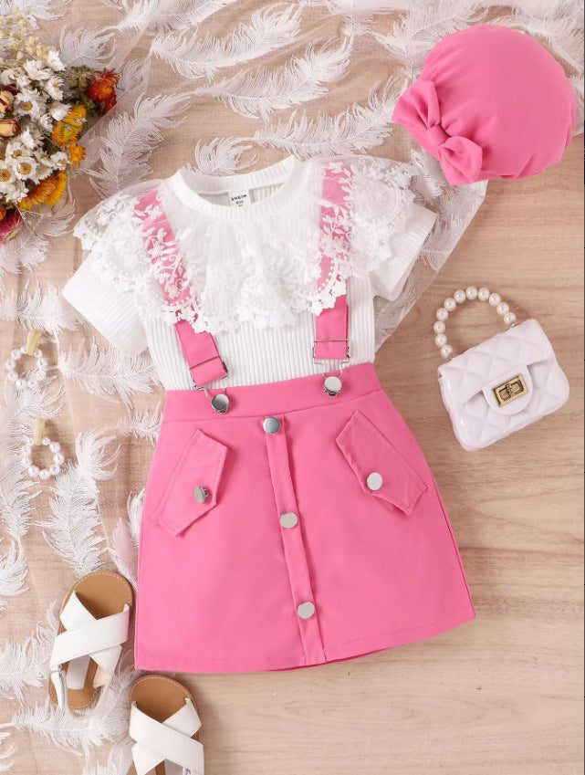 Children&#039;s Girl Suit Summer Lace Doll Collar Pit Short Sleeve + Strap Skirt + Hat Three-piece Set