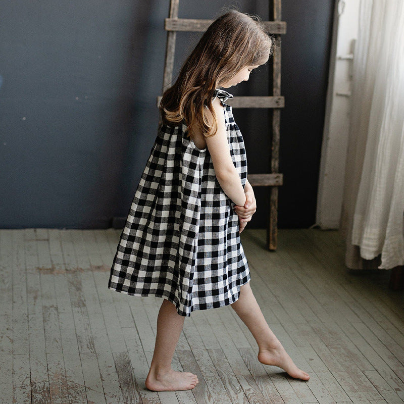 Summer New Style Linen Cotton Breathable Sleeveless Vest Dress For Baby Girls Fashion Contrast Color Plaid Square Collar Dress Children&#039;s Wear