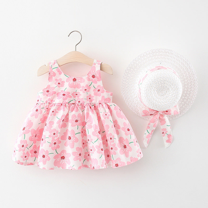 Girls Dress New Summer Children&amp;amp;amp;amp;#039;s Vest Sling Skirt Baby Western Style Sleeveless Floral Skirt With Hat