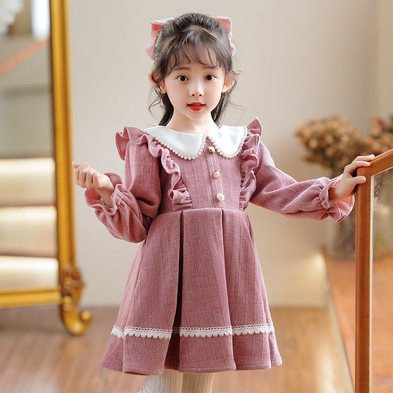 Fleece-lined Girl&#039;s Autumn And Winter Doll Collar Dress Festive New Year&#039;s Dress Fleece-lined Dress Long Sleeve Short Princess Dress Children&#039;s Dress