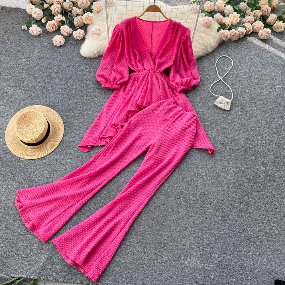 Light Familiar Temperament Celebrity Suit Spring And Summer New Loose V-neck Irregular Top Micro-flare Trousers Two-piece Set