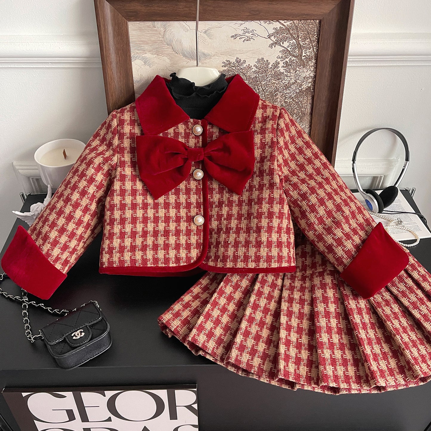 2023 Winter New Korean Style Girls Small Fragrance Style Red Plaid Bow Set Baby Cotton Two-piece Set 68185