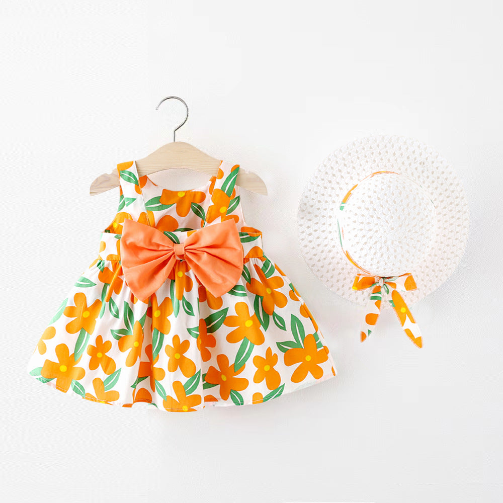 Children&#039;s Summer Dress New Girls Bowknot Printed Suspender Skirt Infant Children&#039;s Sleeveless Sundress